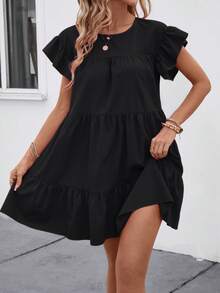 LUMIGAL Solid Ruffle Hem Smock Dress For Holiday - Black - View 6