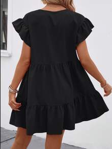 LUMIGAL Solid Ruffle Hem Smock Dress For Holiday - Black - View 2