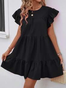 LUMIGAL Solid Ruffle Hem Smock Dress For Holiday - Black - View 4