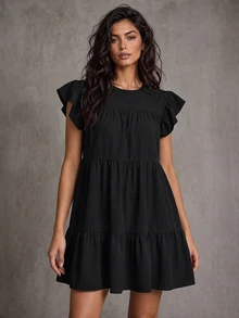 LUMIGAL Solid Ruffle Hem Smock Dress For Holiday - Black - View 1
