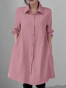LUMIGAL قميص نسائي طويل الأكمام فضفاض بأحادي اللون مناسب للربيع والصيف، بلوزة طويلة الأكمام - وردي مغبر - مشاهدة 3