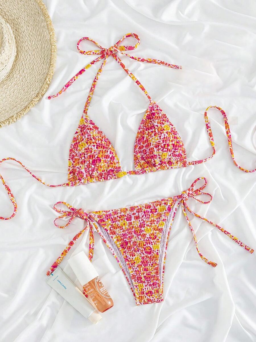 Swim Mod Set Pakaian Renang Wanita Musim Panas untuk Pantai, Bikini Seksi Model Halter Tie dengan Motif Cetak Seluruh Permukaan dan Celana Dalam Segitiga - MultiWarna - View 1