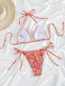 Swim Mod Set Pakaian Renang Wanita Musim Panas untuk Pantai, Bikini Seksi Model Halter Tie dengan Motif Cetak Seluruh Permukaan dan Celana Dalam Segitiga - MultiWarna - View 2