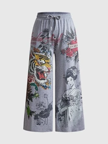 ROMWE Avant Plus Size New Chinese Style Tiger & Element Print Loose Streetwear Sweatpants - Grey - View 3