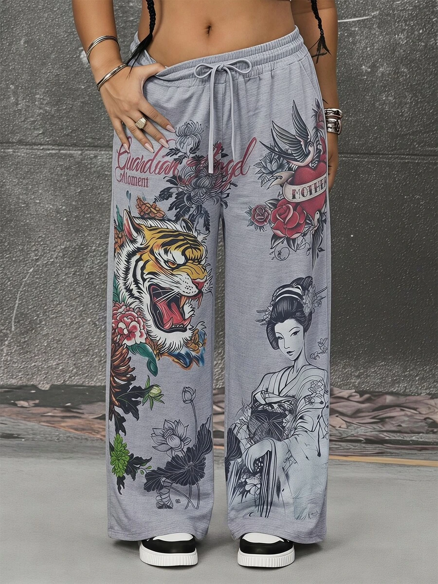 ROMWE Avant Plus Size New Chinese Style Tiger & Element Print Loose Streetwear Sweatpants - Grey - View 1