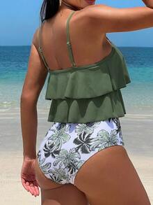 Swim Lushoire Women's Solid Color Ruffle Trim Tankini Top And Triangle Tankini Bottom Swimwear Set, Suitable For Summer Vacation And Beach - Army Green - View 2