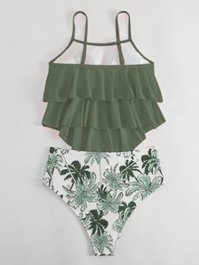 Swim Lushoire Women's Solid Color Ruffle Trim Tankini Top And Triangle Tankini Bottom Swimwear Set, Suitable For Summer Vacation And Beach - Army Green - View 5