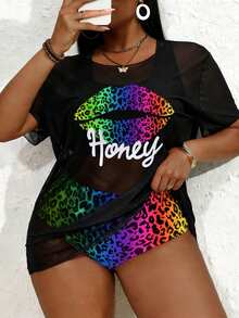 Slaydiva 大尺碼女款 3 件組豹紋連帽上衣 & 吊帶比基尼泳裝套裝 - 彩色 - 查看 4