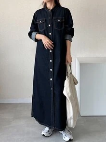 FRIFUL Gaun Denim Wanita Minimalis Serbaguna Kancing Tunggal Lengan Panjang dengan Saku untuk Perjalanan Musim Gugur - Hitam - View 5
