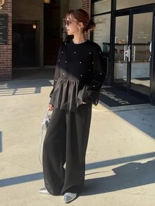 FRIFUL 女款秋季珠飾裝飾對比網紗兩件套 - 黑色 - 查看 6