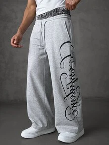 SLATEMANN Men's Drawstring Waist Letter Print Casual Everyday Wide Leg Sweatpants - Grey - View 4