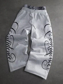 SLATEMANN Men's Drawstring Waist Letter Print Casual Everyday Wide Leg Sweatpants - Grey - View 1