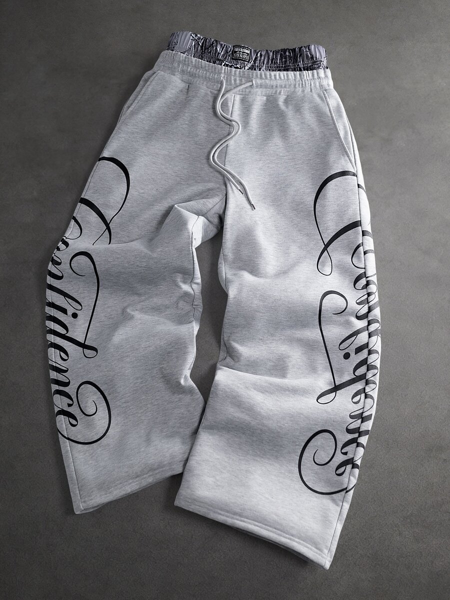 SLATEMANN Men's Drawstring Waist Letter Print Casual Everyday Wide Leg Sweatpants - Grey - View 1