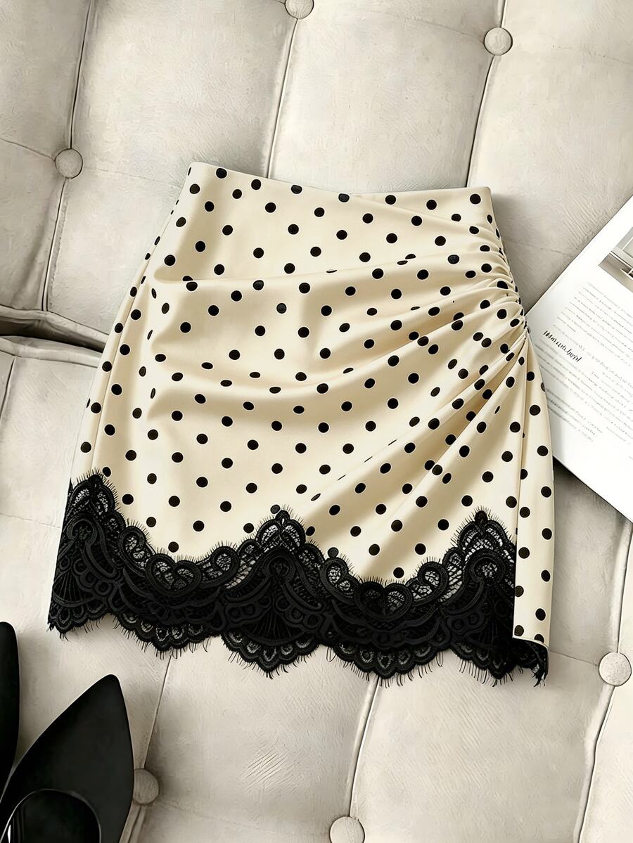 SHEIN Franclia 女款豹紋撞色蕾絲百褶迷你裙 - 卡其色 - 查看 1