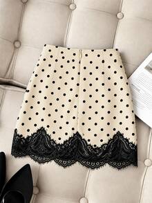 SHEIN Franclia 女款豹紋撞色蕾絲百褶迷你裙 - 卡其色 - 查看 2