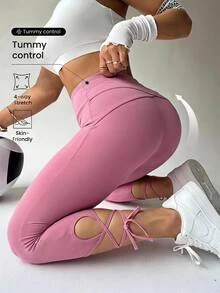 Gameset SHEIN Sport 女款大尺碼熱帶風交叉腰緊身 7/8 長度短褲 騎行瑜伽健身跑步健身房穿搭 柔和粉色 秋季寬鬆 - 粉色 - 查看 1