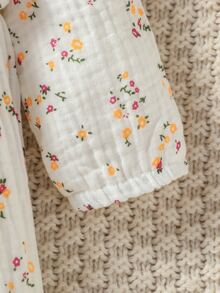 Souflis Souflis 2pcs Newborn Baby Girl Jumpsuit Daily Casual White Floral Print Ruffle Trim Bow Decor Long Sleeve Romper Outfit Soft Regular Thickness Autumn Winter - White - View 5