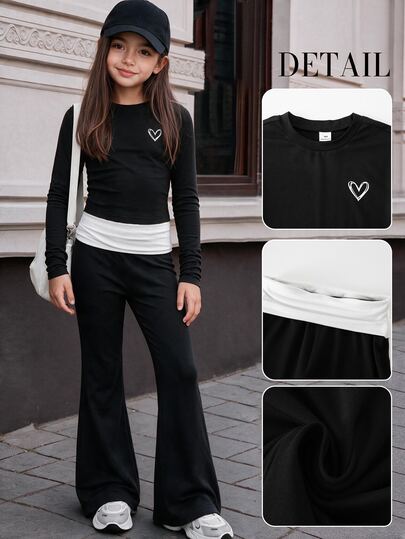 SHEIN Tween Girls Outfit Heart Print Crew Neck TShirt Contrast FoldOver Waist Flare Pants SetSoft School Student Black And White Black Autumn Athletic