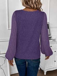 LUMIGAL Women's Solid Color V-Neck Ribbed Long Sleeve Casual T-Shirt, Autumn Fall Cloth For Women - Purple - View 2