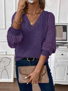 LUMIGAL Women's Solid Color V-Neck Ribbed Long Sleeve Casual T-Shirt, Autumn Fall Cloth For Women - Purple - View 6