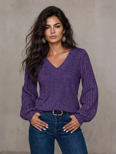 LUMIGAL Tee-shirt décontracté à manches longues côtelé col V unicolore pour femme, automne