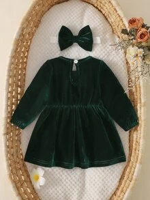 SHEIN 2件裝女嬰新生兒天鵝絨洋裝，甜美深綠色蕾絲領結蝴蝶結裝飾，長袖圓領，聖誕派對冬季假期生日女孩A字裙 - 墨綠色 - 查看 6