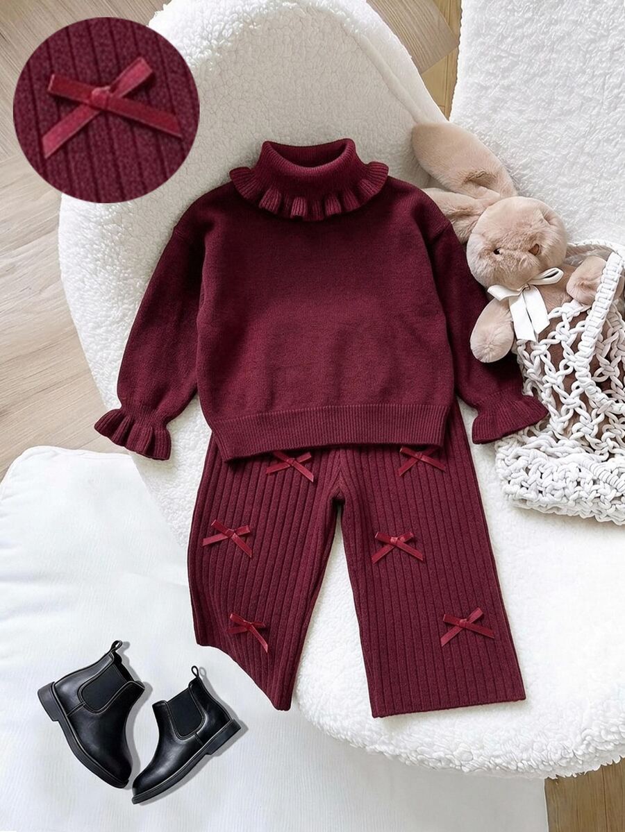 SHEIN Baby Girl Autumn/Winter Casual Solid Color High Neck Sweater & Knitted Pants Set Fall Clothes And Christmas Clothes - Burgundy - View 1