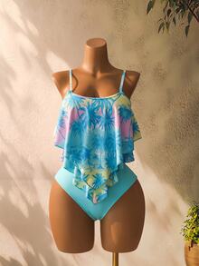 Swim Lushoire Women's Summer Vacation Beach Coconut Tree Print Tankini Set - Blue - View 6