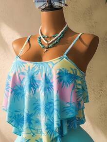 Swim Lushoire Women's Summer Vacation Beach Coconut Tree Print Tankini Set - Blue - View 5