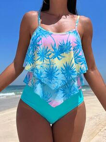 Swim Lushoire Women's Summer Vacation Beach Coconut Tree Print Tankini Set - Blue - View 1