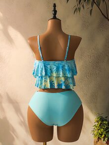 Swim Lushoire Women's Summer Vacation Beach Coconut Tree Print Tankini Set - Blue - View 8