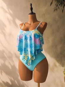 Swim Lushoire Women's Summer Vacation Beach Coconut Tree Print Tankini Set - Blue - View 7