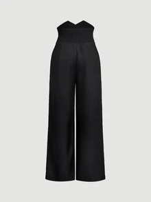 SHEIN MOD Celana Jas Hitam dengan Ikat Pinggang Ganda dan Potongan Lebar - Hitam - View 3