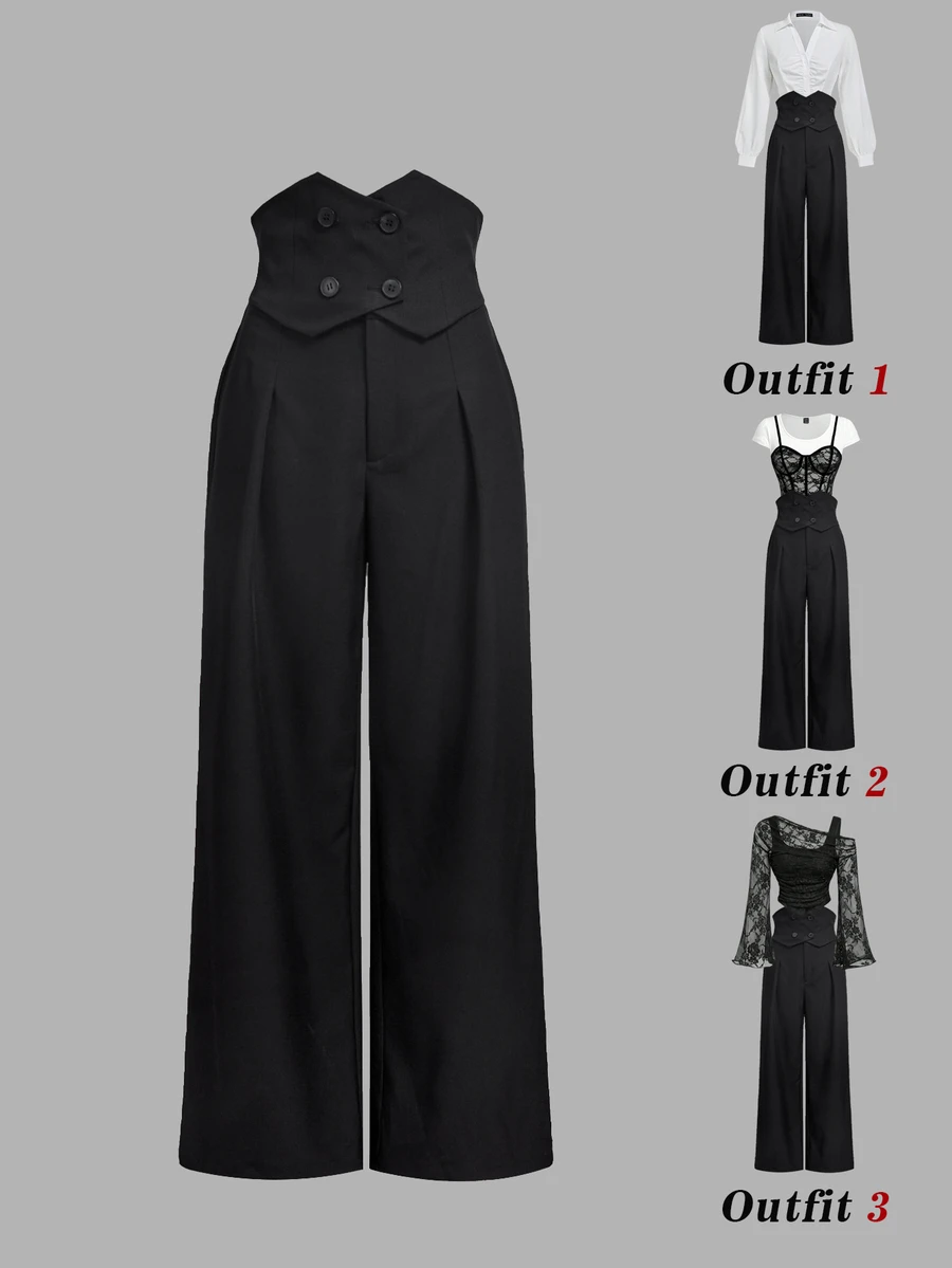 SHEIN MOD Celana Jas Hitam dengan Ikat Pinggang Ganda dan Potongan Lebar - Hitam - View 1