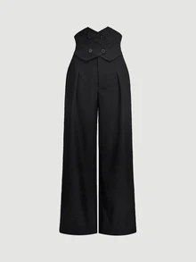 SHEIN MOD Celana Jas Hitam dengan Ikat Pinggang Ganda dan Potongan Lebar - Hitam - View 5