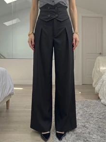 SHEIN MOD Celana Jas Hitam dengan Ikat Pinggang Ganda dan Potongan Lebar - Hitam - View 2