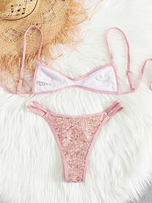 SHEIN Swim 夏季新款欧美甜美粉色亮片撞色可调节肩带双面两件式比基尼套装，性感高衩三角泳衣，适合海滩、泳池、度假、派对等场合 - 粉色 - 查看 2