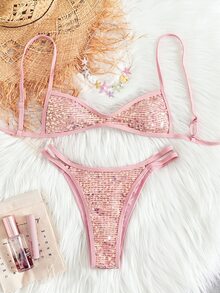 SHEIN Swim 夏季新款欧美甜美粉色亮片撞色可调节肩带双面两件式比基尼套装，性感高衩三角泳衣，适合海滩、泳池、度假、派对等场合 - 粉色 - 查看 3