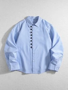 ROMWE MEN Men's Fashion Button Striped Long Sleeve Shirt Business - Blue and White - View 8