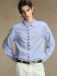 ROMWE MEN Men's Fashion Button Striped Long Sleeve Shirt Business - Blue and White - View 1