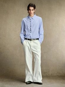 ROMWE MEN Men's Fashion Button Striped Long Sleeve Shirt Business - Blue and White - View 7
