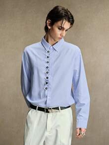 ROMWE MEN Men's Fashion Button Striped Long Sleeve Shirt Business - Blue and White - View 5
