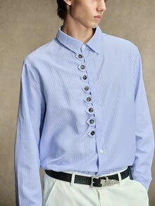 ROMWE MEN Men's Fashion Button Striped Long Sleeve Shirt Business - Blue and White - View 2