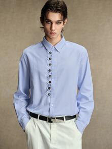 ROMWE MEN Men's Fashion Button Striped Long Sleeve Shirt Business - Blue and White - View 6