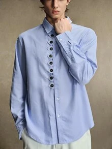ROMWE MEN Men's Fashion Button Striped Long Sleeve Shirt Business - Blue and White - View 4