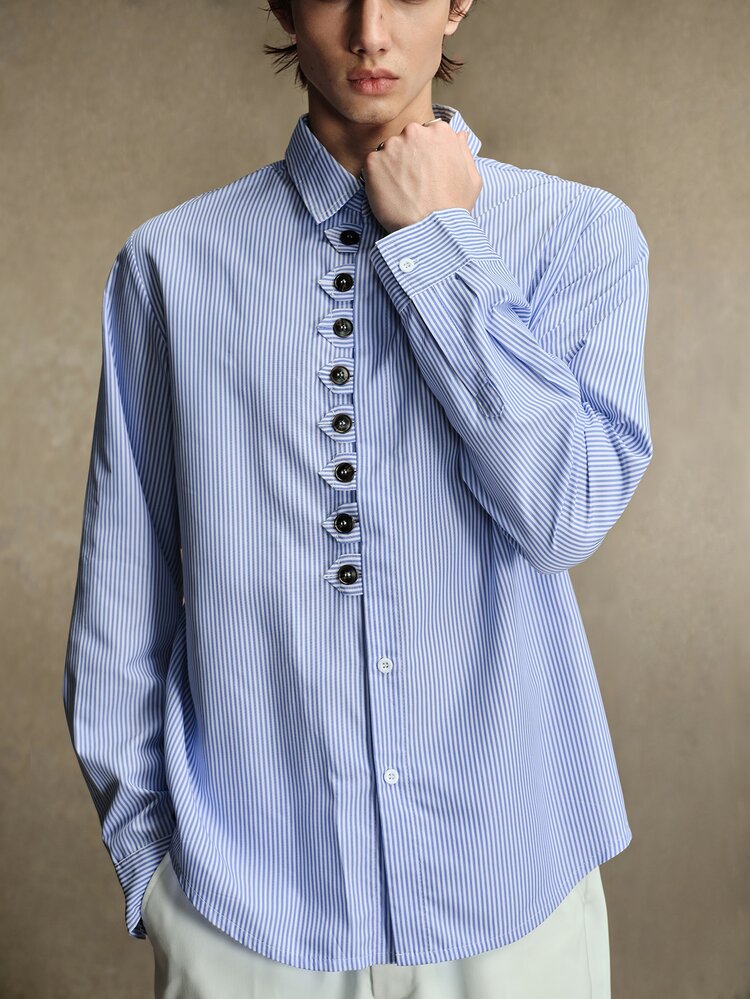ROMWE MEN 男士時尚條紋鈕扣長袖商務襯衫 - 藍白色 - 查看 4
