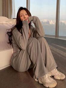 DAZY 女士两件套卫衣裤套装，双头拉链运动服套装，女士连帽家居服套装 - 棕色 - 查看 4