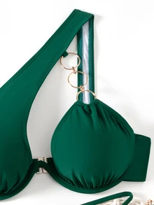 Swim SXY Women's Solid Color Cutout One Shoulder Ring Connected Sexy Bikini Swimwear Set - Green - View 7