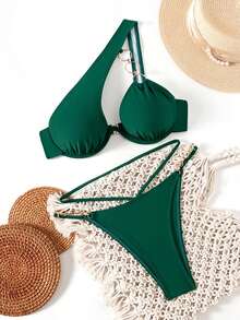 Swim SXY Women's Solid Color Cutout One Shoulder Ring Connected Sexy Bikini Swimwear Set - Green - View 3