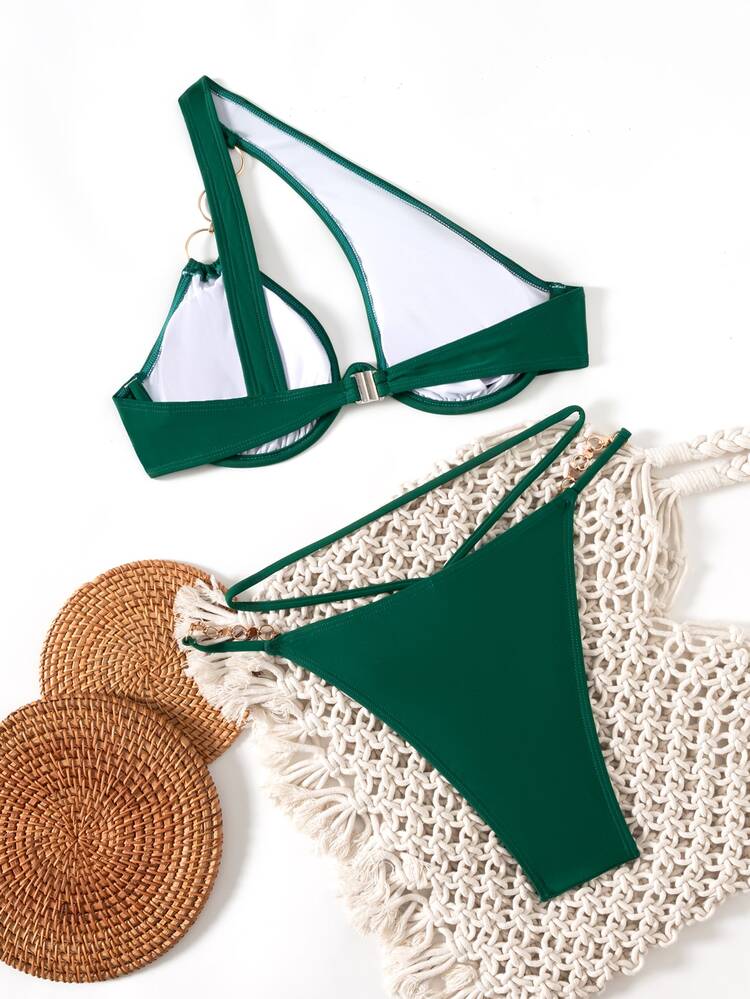 Swim SXY Women's Solid Color Cutout One Shoulder Ring Connected Sexy Bikini Swimwear Set - Green - View 5
